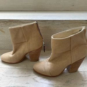 Tan woven canvas Rag & Bone ankle boots with stacked heels and zip closure